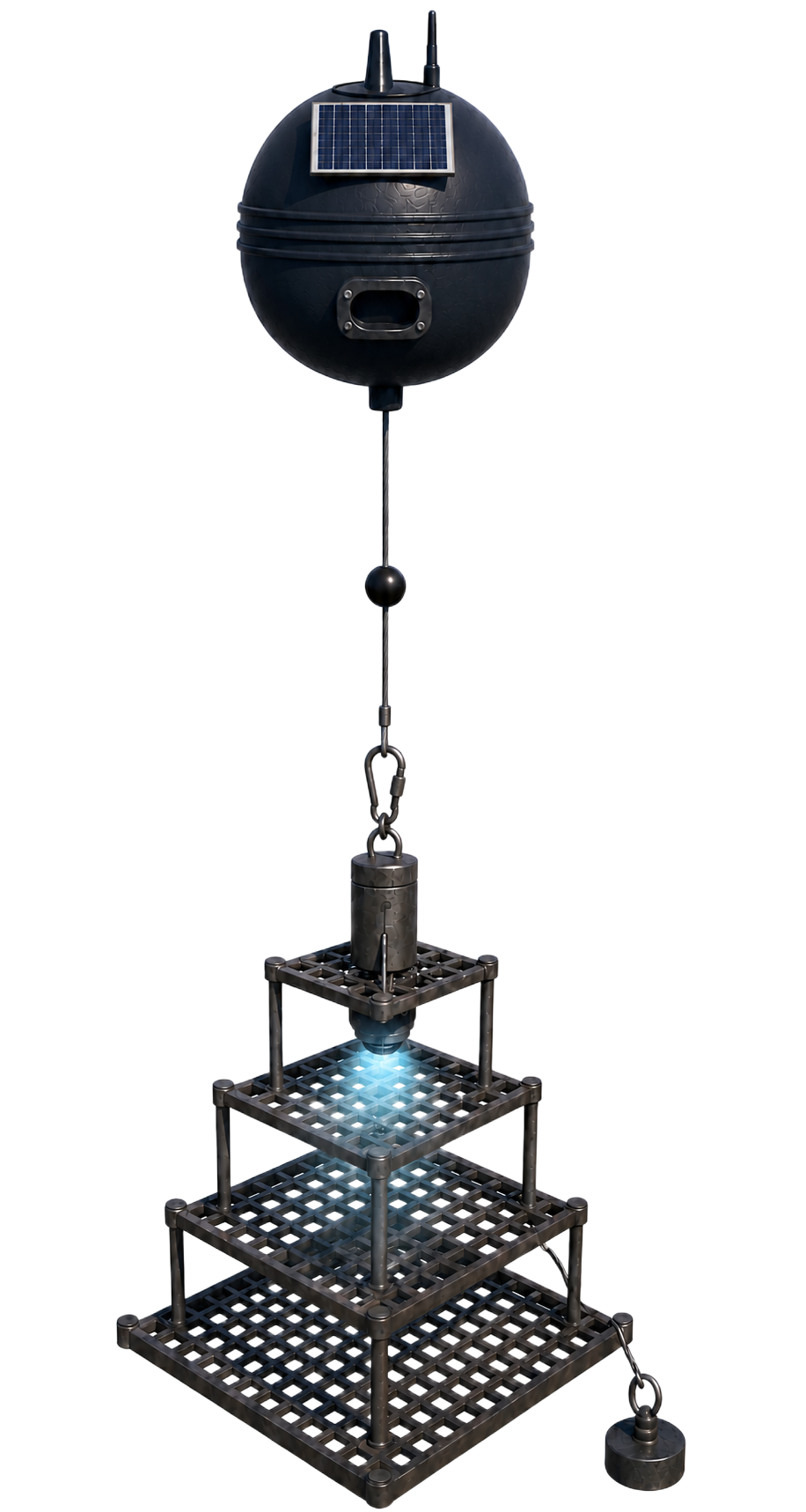 Render of a BlueCrabNet smart buoy: a solar-powered surface float tethered to an underwater habitat cage with camera and trap.