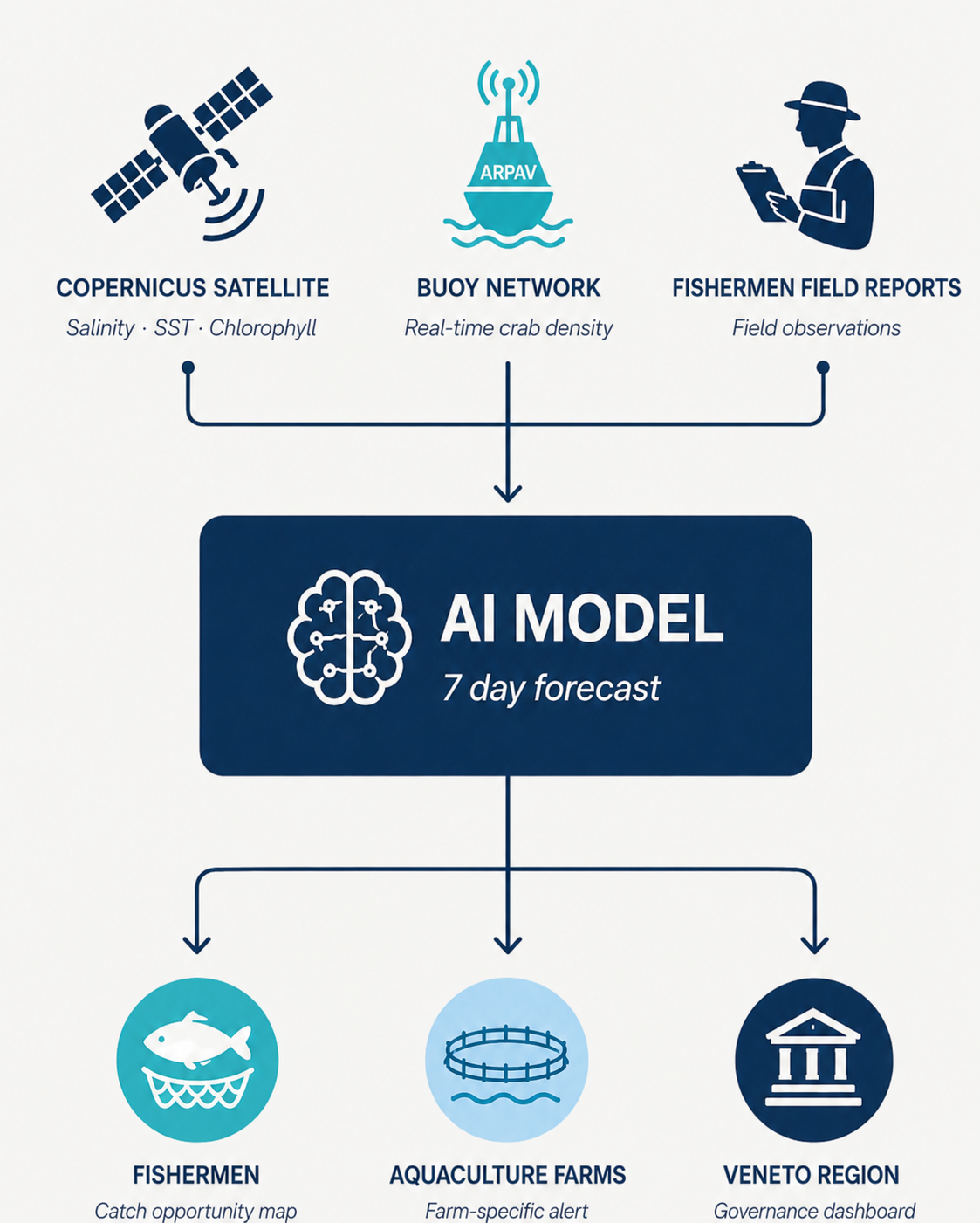 Data fusion diagram: Copernicus satellite, buoy network and fishermen field reports flow into an AI model producing a 7-day forecast for fishermen, aquaculture farms and the Veneto Region.