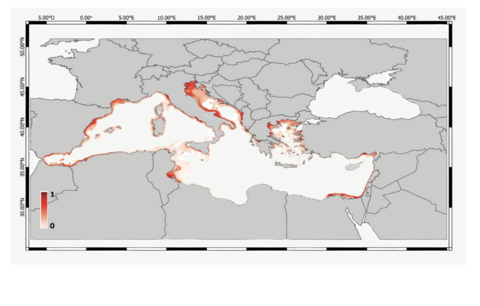 Map of the Mediterranean showing where environmental conditions are already favorable for the blue crab