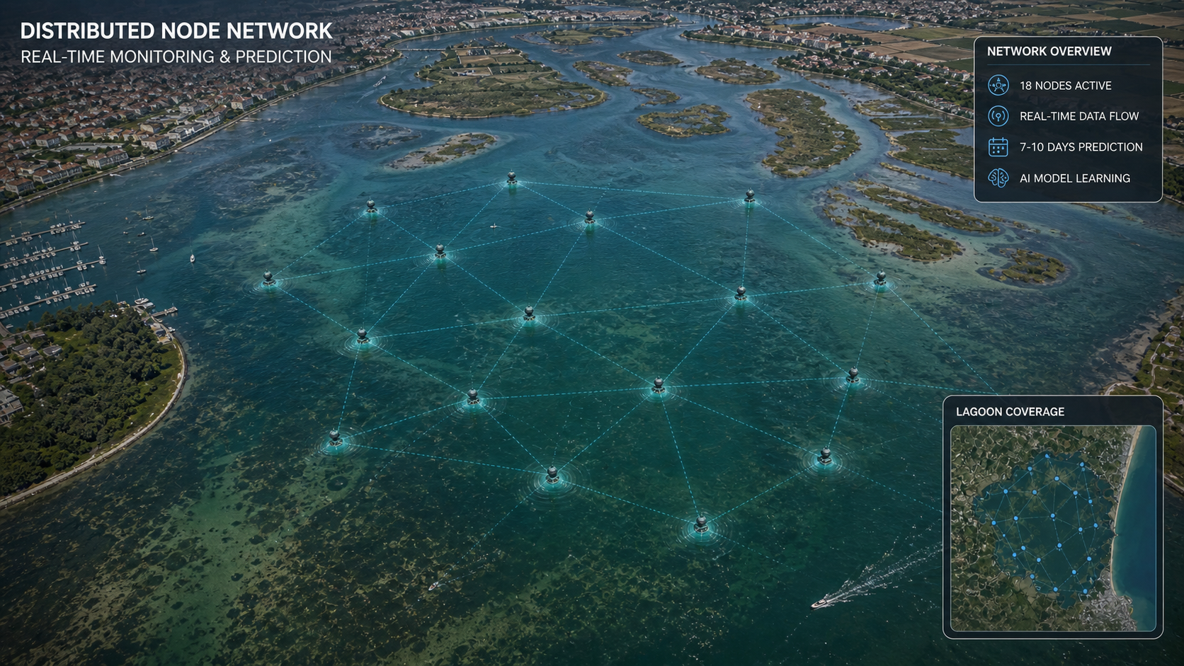 Aerial view of the Venetian lagoon overlaid with a distributed network of BlueCrabNet monitoring buoys connected in real time.